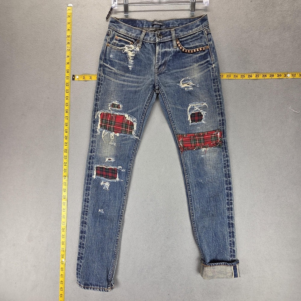 Selvedge Jeans Womens Blue Thrashed Patchwork Plaid Whiskers Studded‎ Fits 27x30